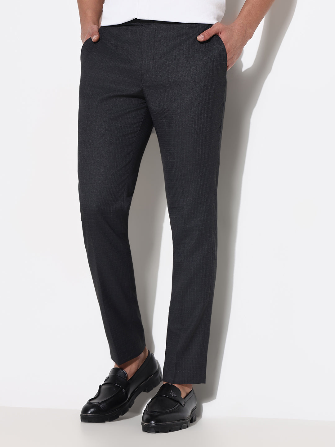 Men Charcoal Solid Formal Trousers