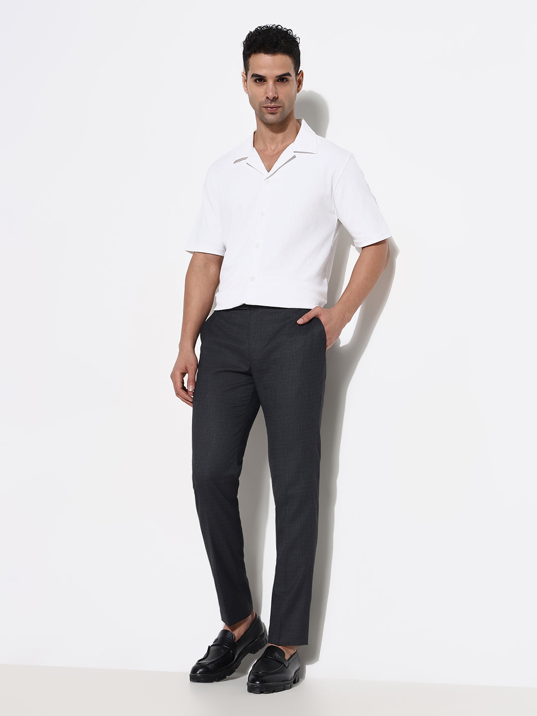 Men Charcoal Solid Formal Trousers