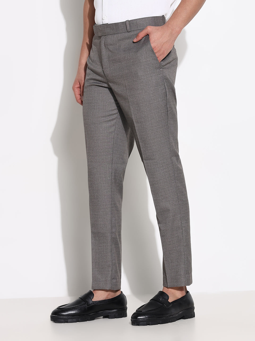 Men Grey Solid Formal Trousers