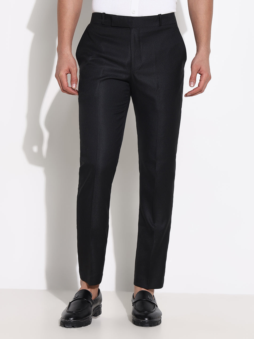 Men Black Striped Formal Trousers