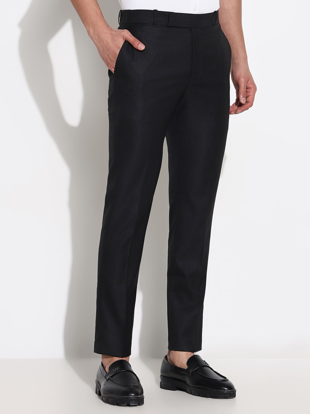 Men Black Striped Formal Trousers