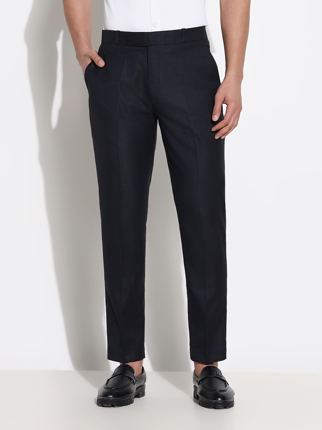 Men Charcoal Striped Formal Trousers