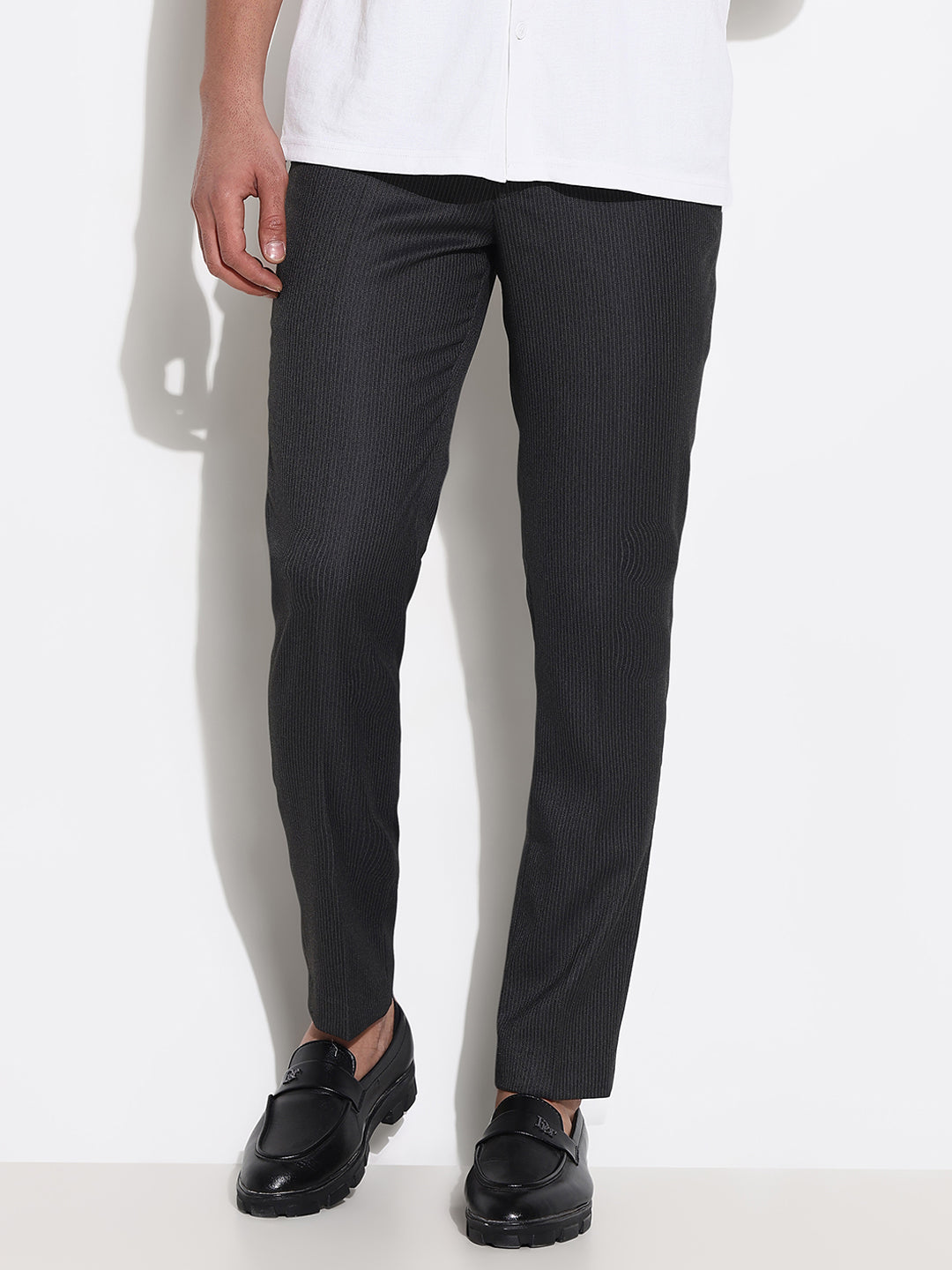 Men Grey Striped Formal Trousers