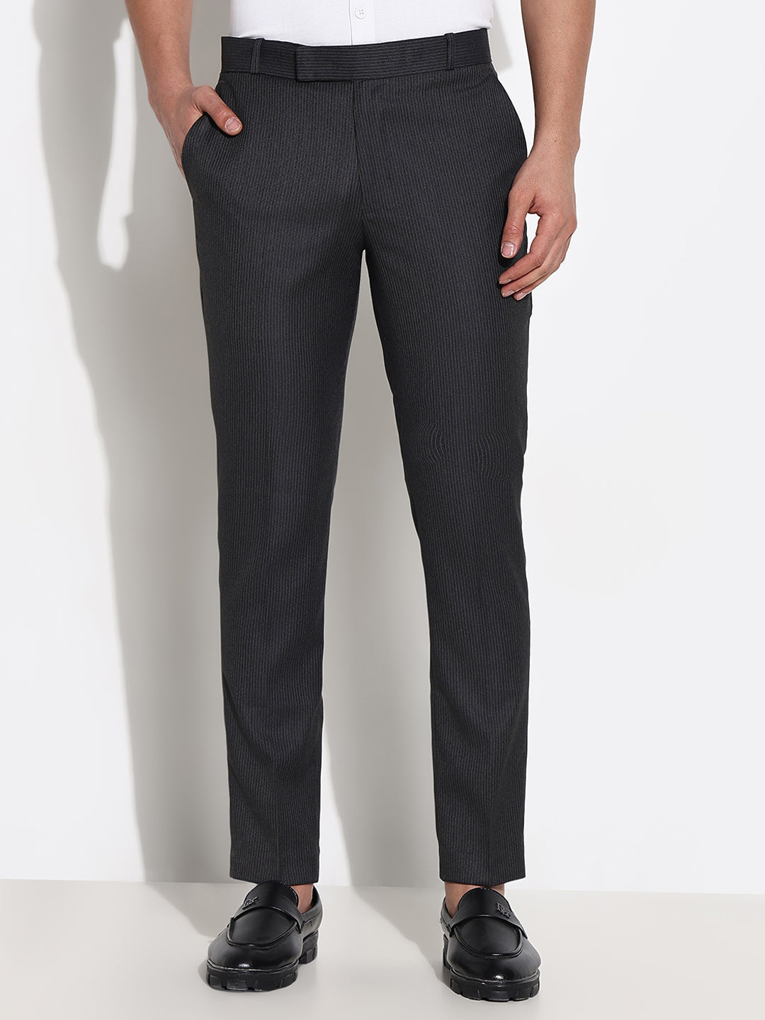 Men Grey Striped Formal Trousers