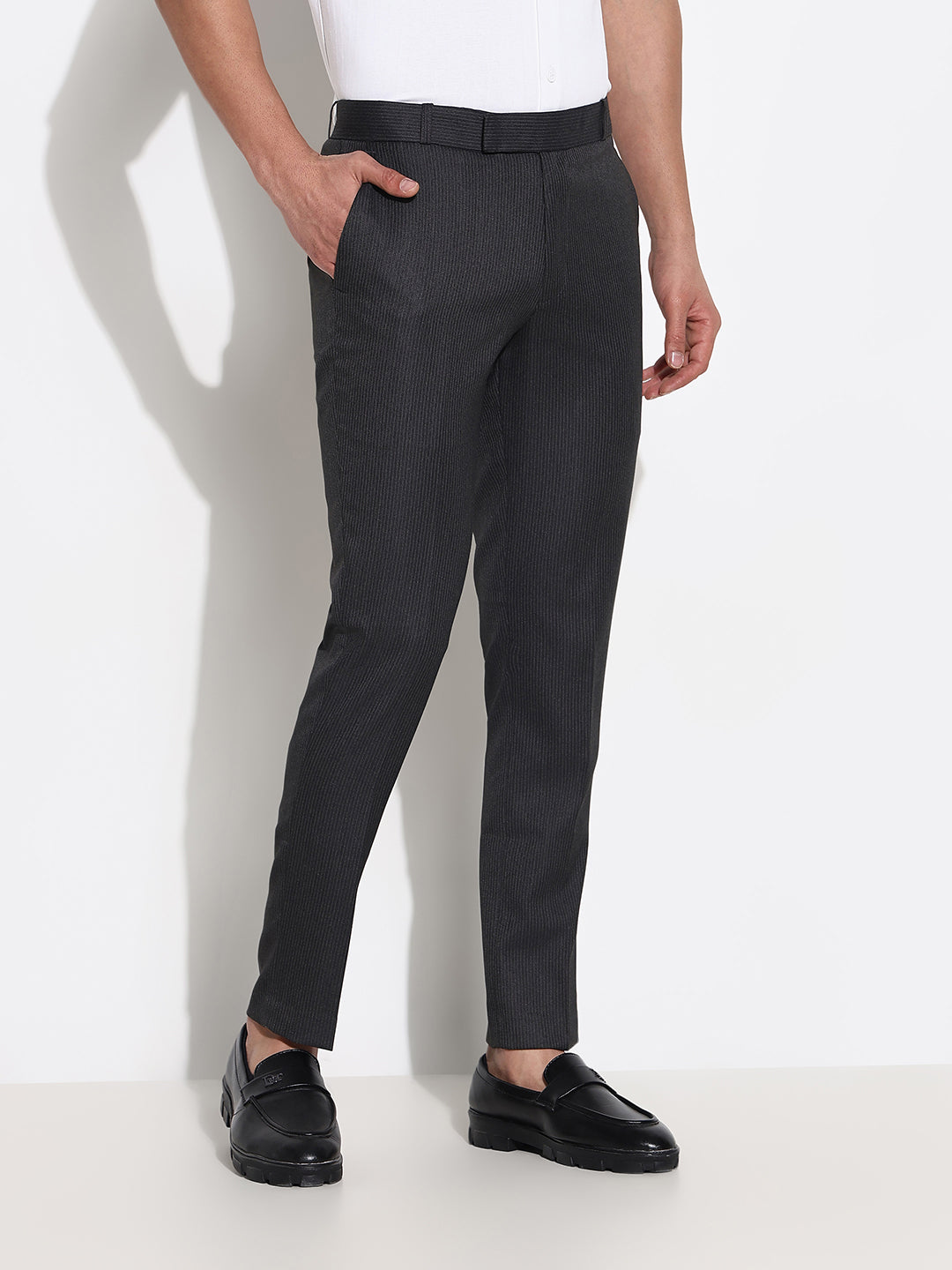 Men Grey Striped Formal Trousers