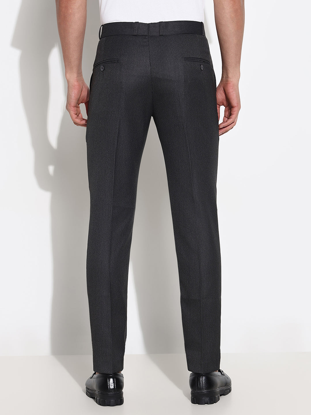 Men Grey Striped Formal Trousers