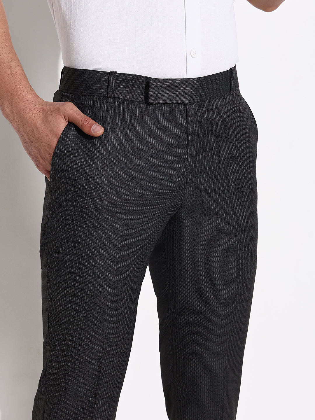 Men Grey Striped Formal Trousers