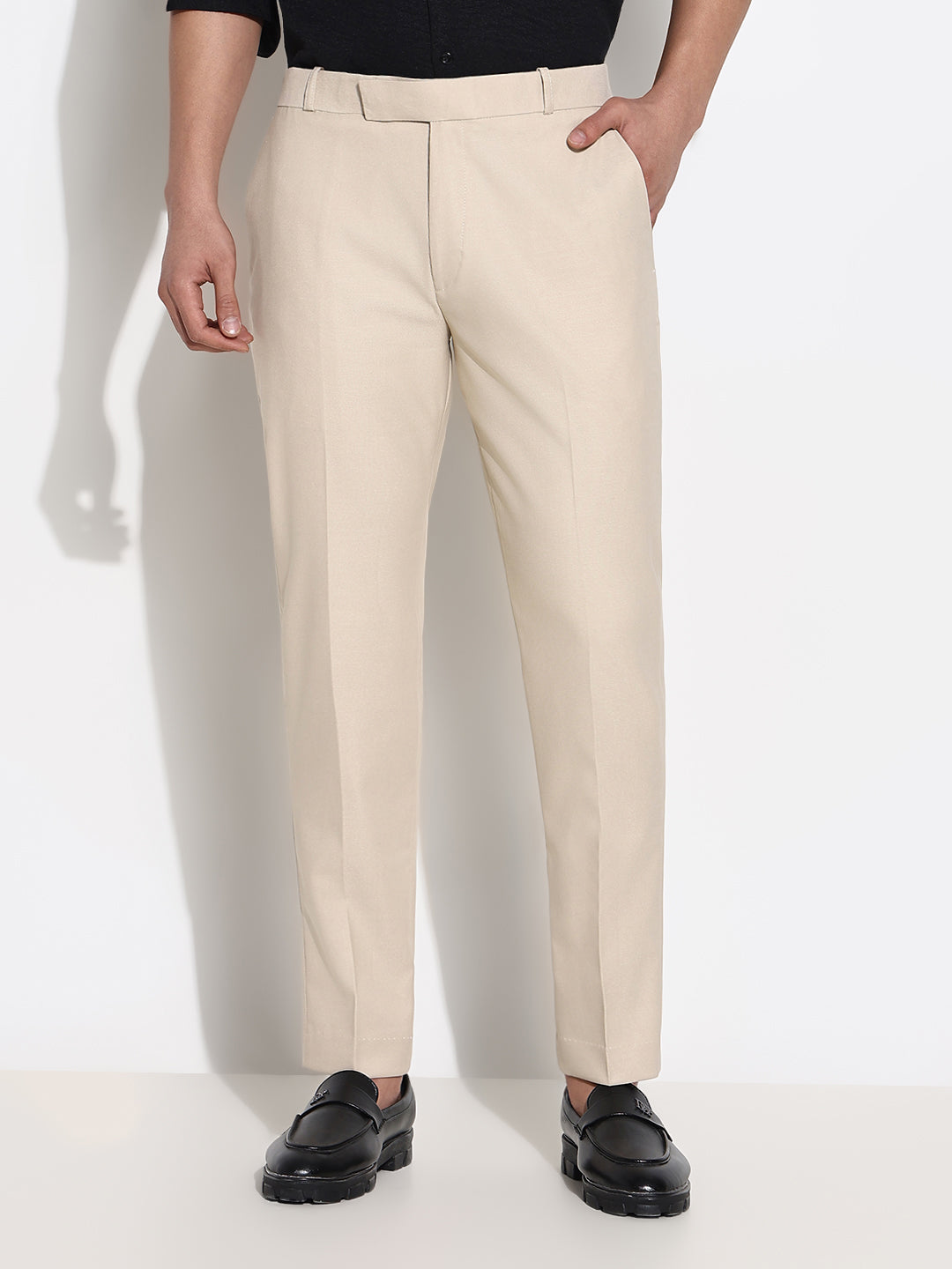 Men Cream Solid Formal Trousers