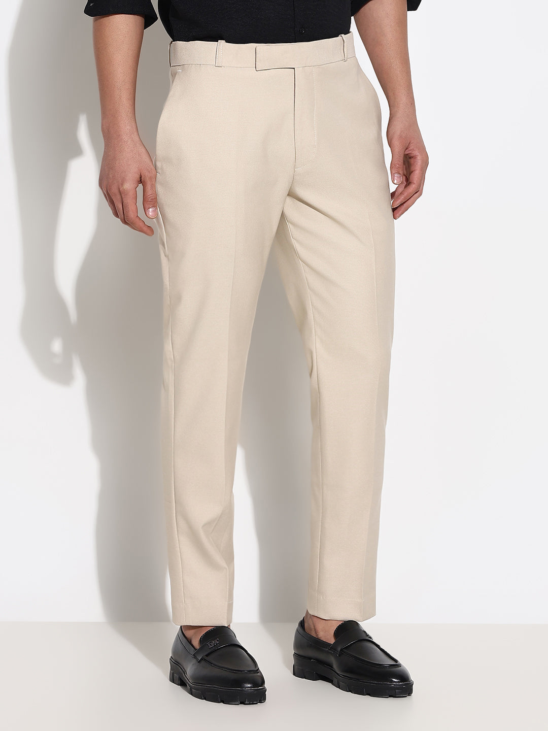 Men Cream Solid Formal Trousers