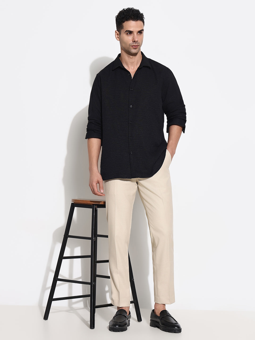 Men Cream Solid Formal Trousers