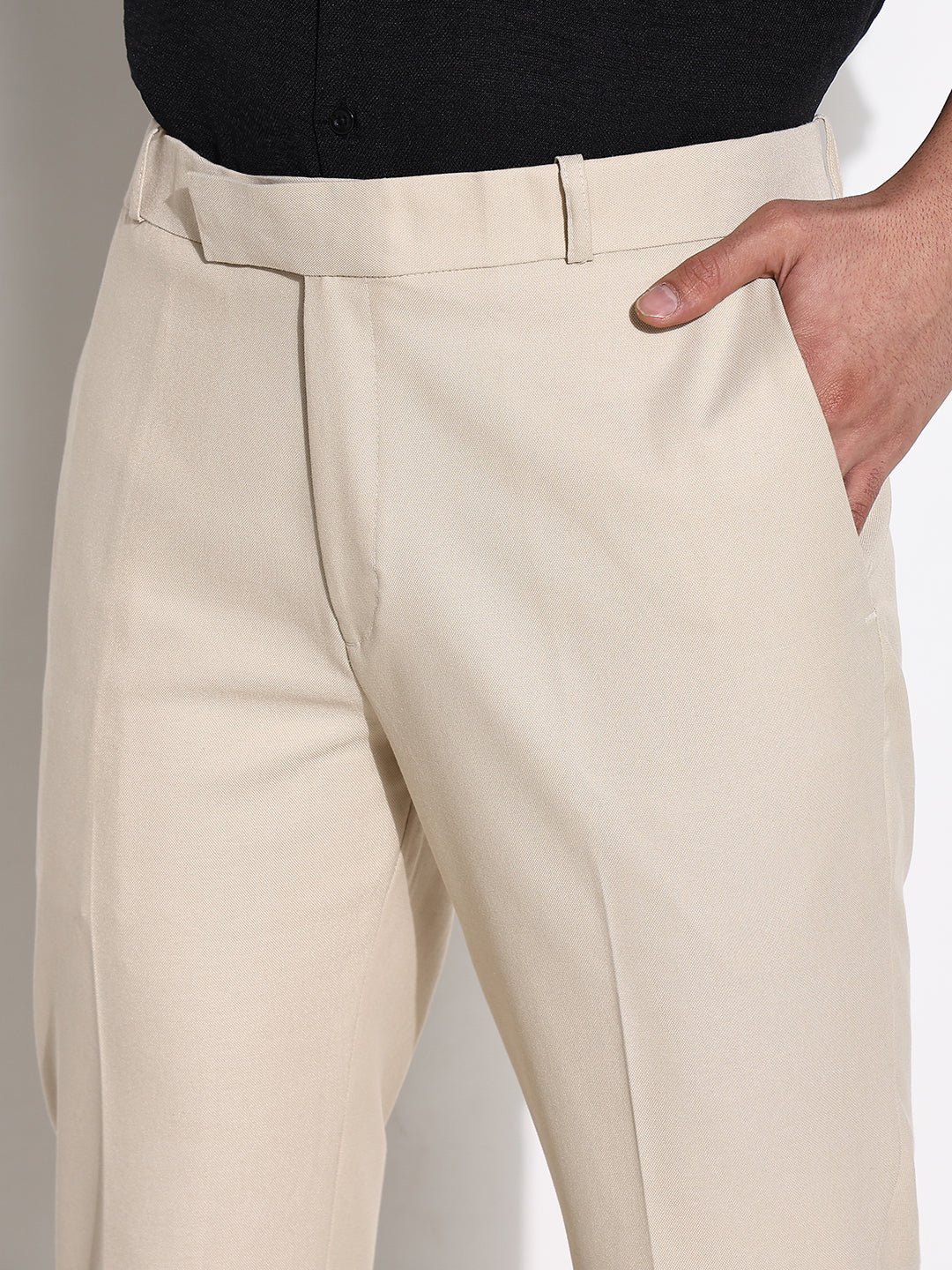 Men Cream Solid Formal Trousers