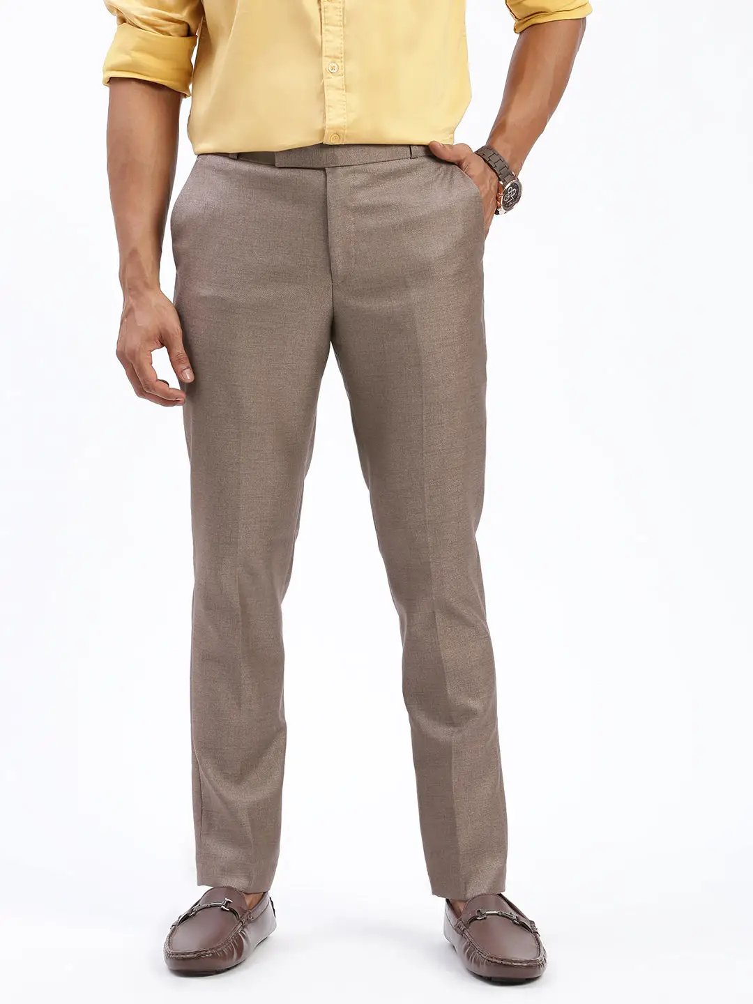 Buy Men's Brown Comfort Slim Fit Low-Rise Cotton Formal Trousers | Showoffff Buy Men's Brown Comfort Slim Fit Low-Rise Cotton Formal Trousers | Showoffff
