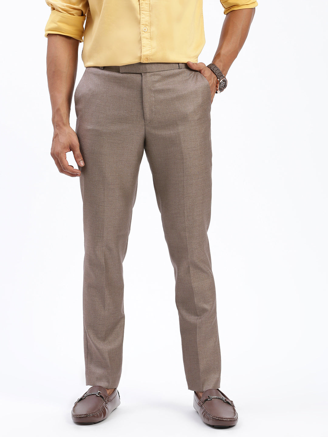 Men Solid Brown Formal Trousers