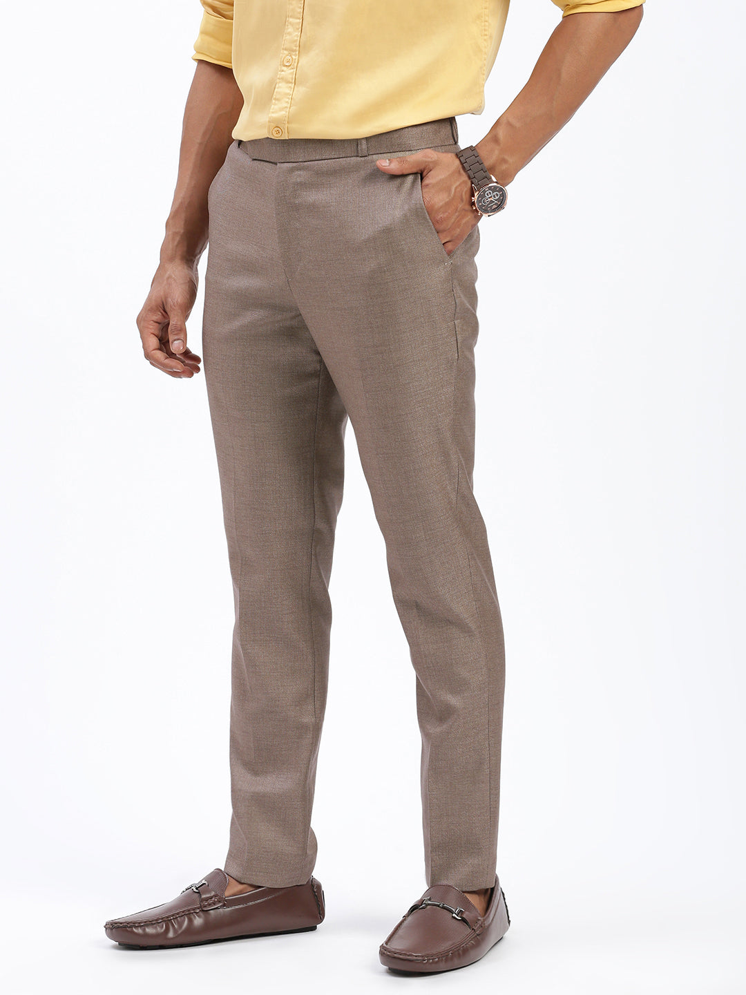 Men Solid Brown Formal Trousers