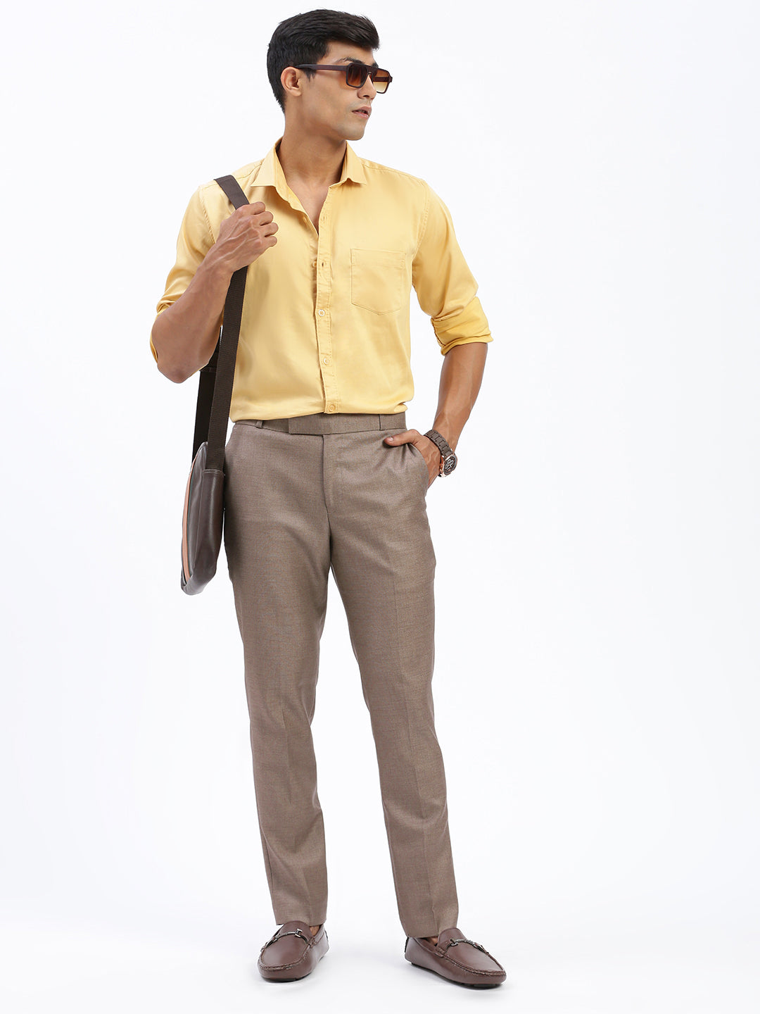 Men Solid Brown Formal Trousers