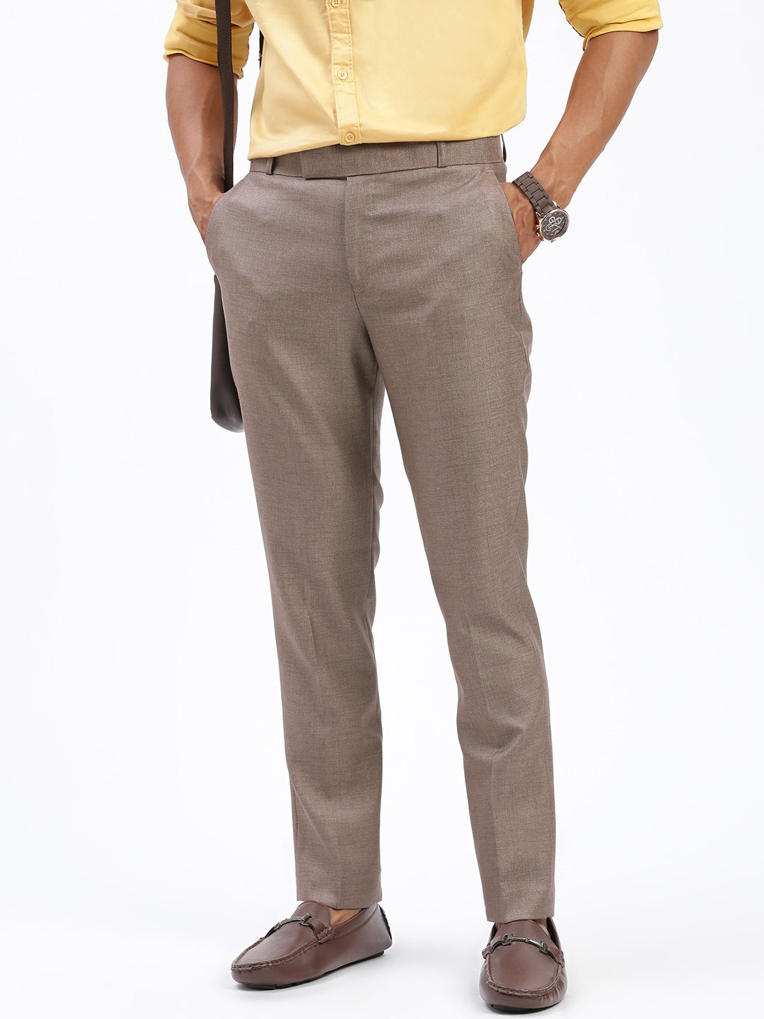 Men Solid Brown Formal Trousers