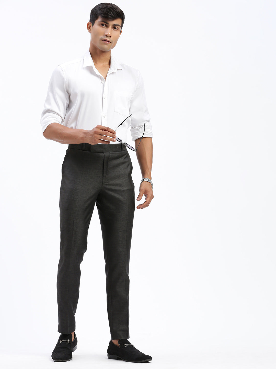 Men Solid Charcoal Formal Trousers