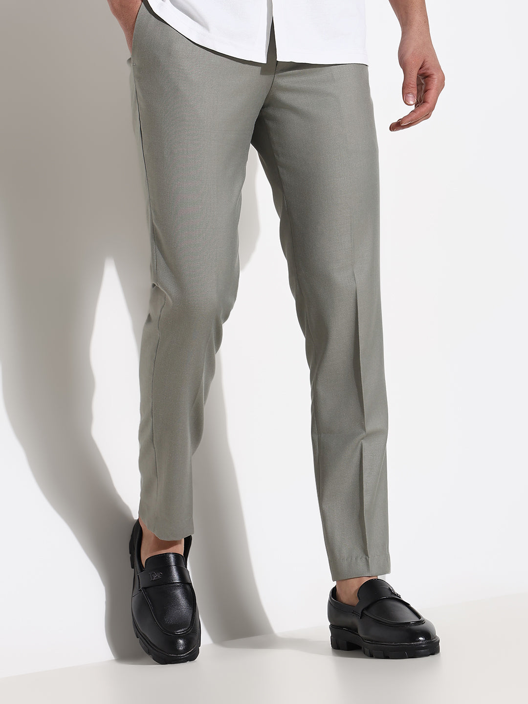 Men Grey Solid Formal Trousers