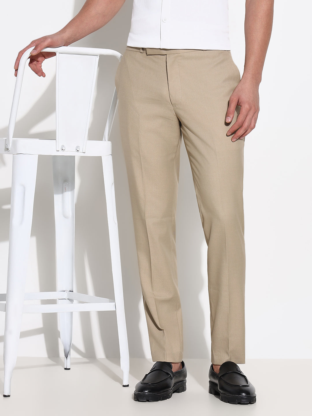 Men Beige Solid Formal Trousers