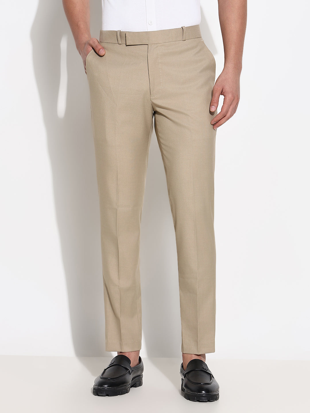 Men Beige Solid Formal Trousers