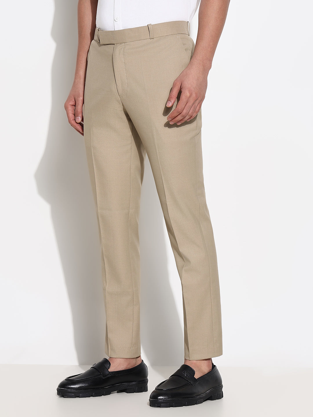 Men Beige Solid Formal Trousers