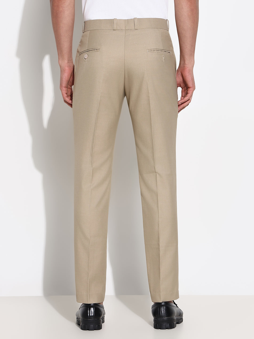 Men Beige Solid Formal Trousers