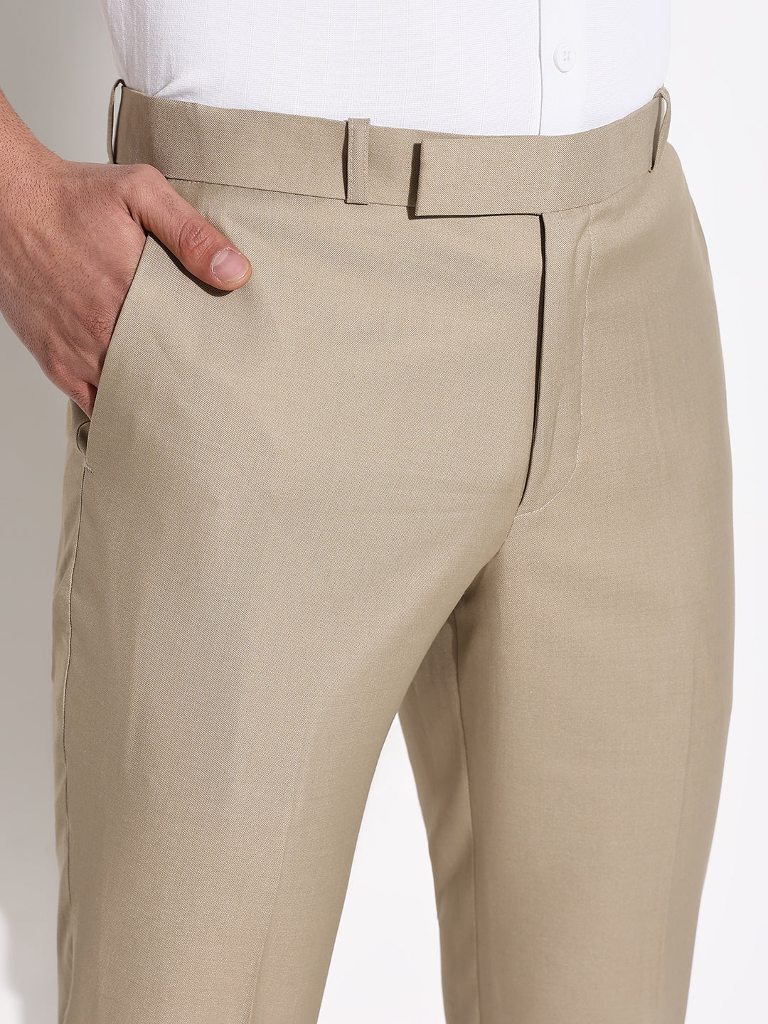 Men Beige Solid Formal Trousers