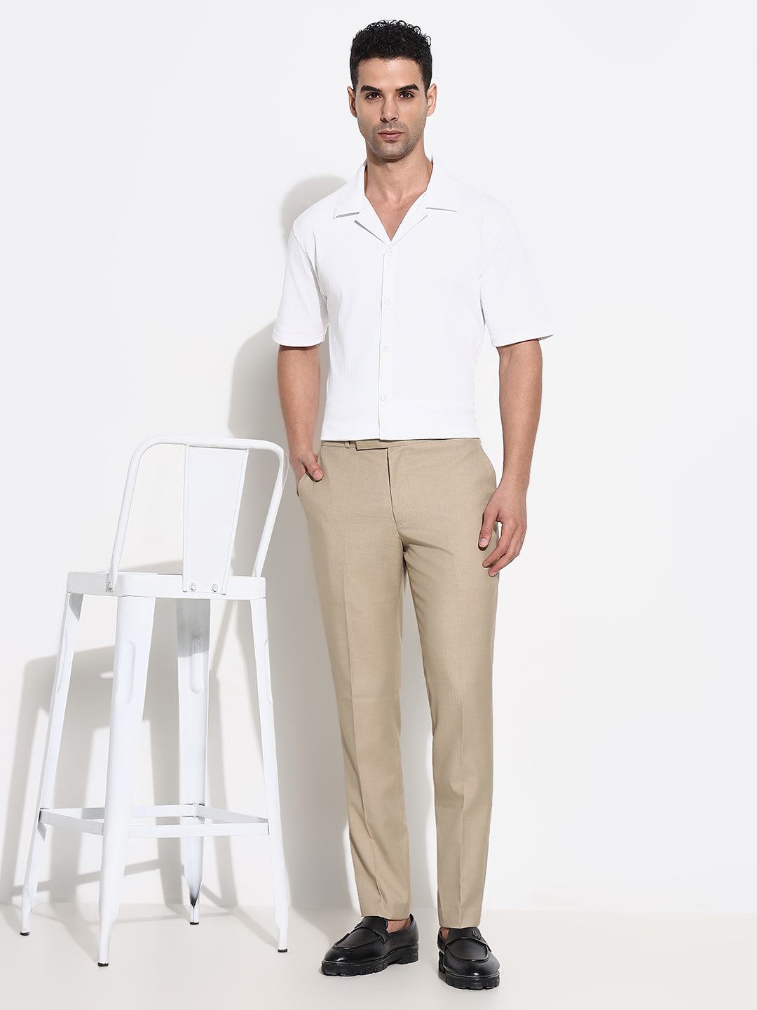 Men Beige Solid Formal Trousers