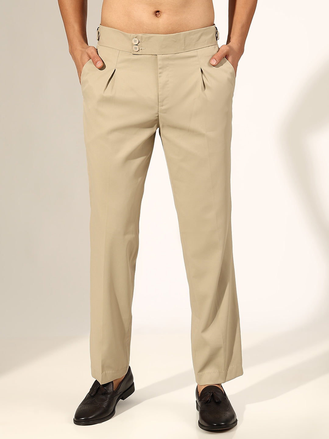Men's Pleated Beige Korean Formal Trouser with Double Button Waistband