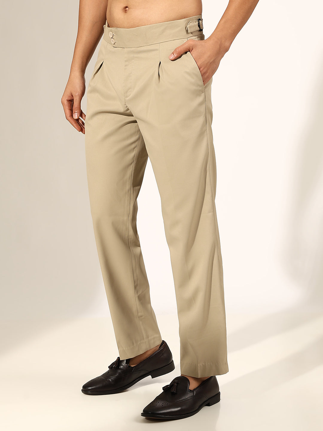 Men's Pleated Beige Korean Formal Trouser with Double Button Waistband