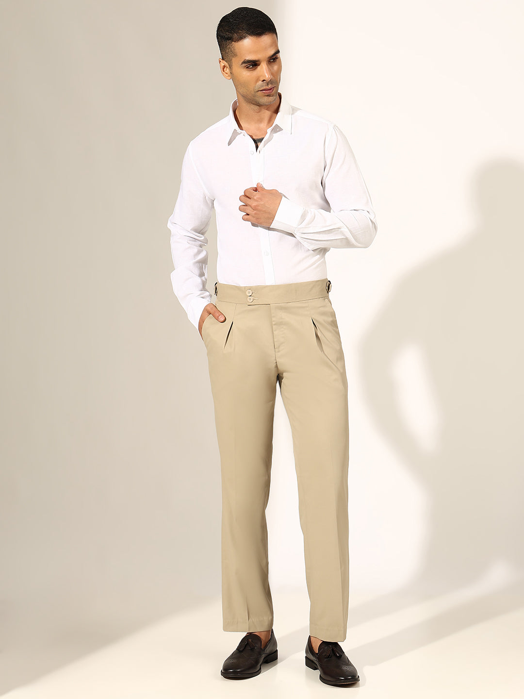Men's Pleated Beige Korean Formal Trouser with Double Button Waistband