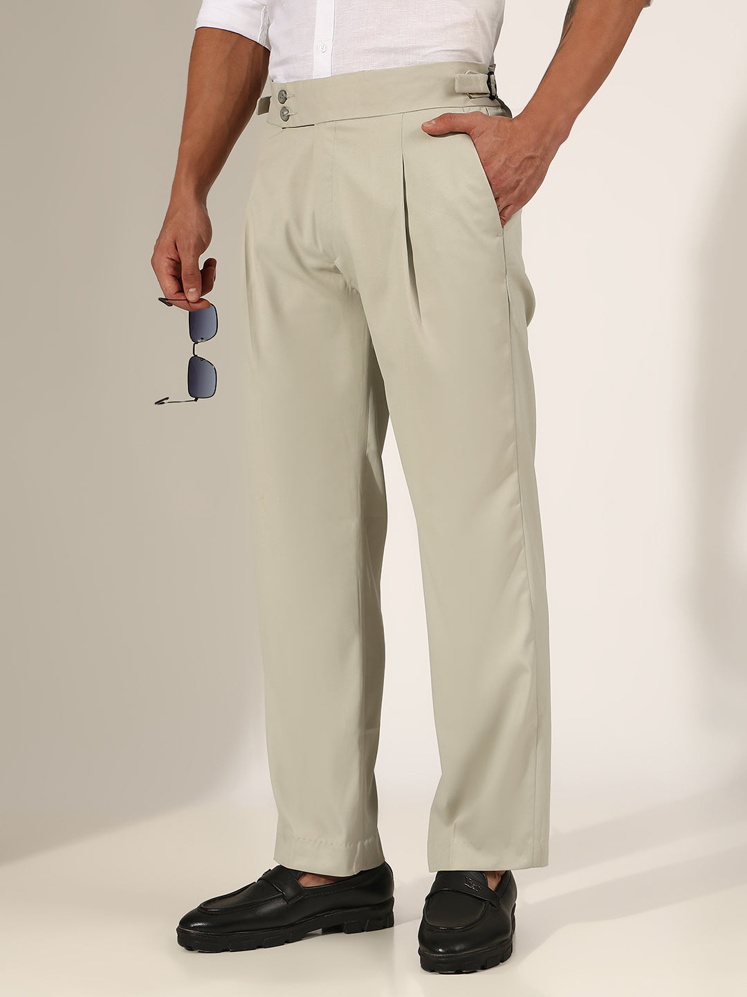 Men's Pleated Grey Korean Formal Trouser with Double Button Waistband