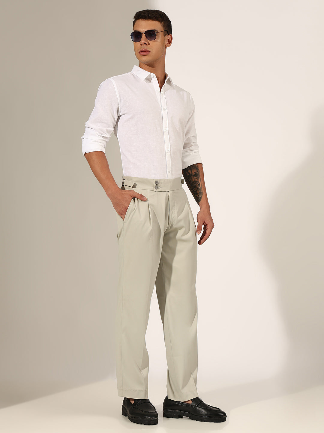 Men's Pleated Grey Korean Formal Trouser with Double Button Waistband