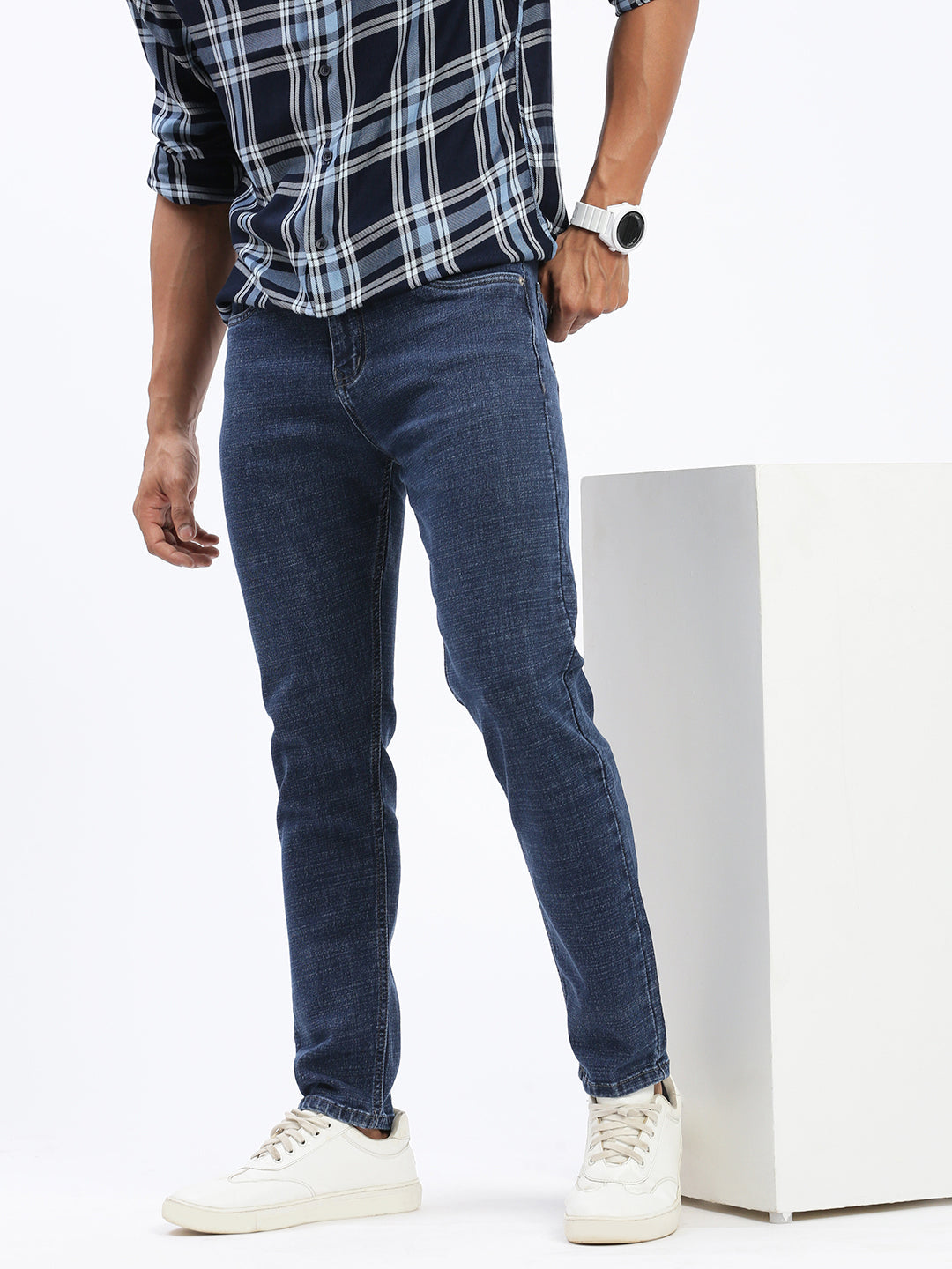 Men Navy Blue Slim Fit Cropped Jeans