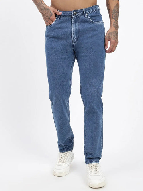 Men's Blue Straight Fit Cropped Jeans (Slim Fit)