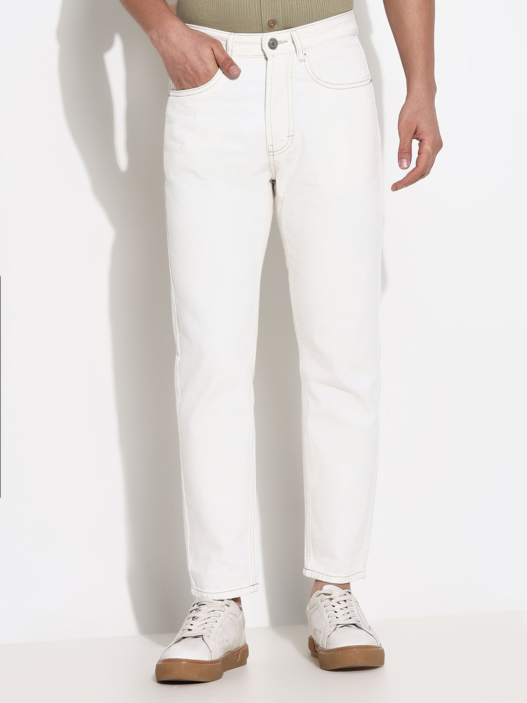 Men White Slim Fit Cropped Jeans