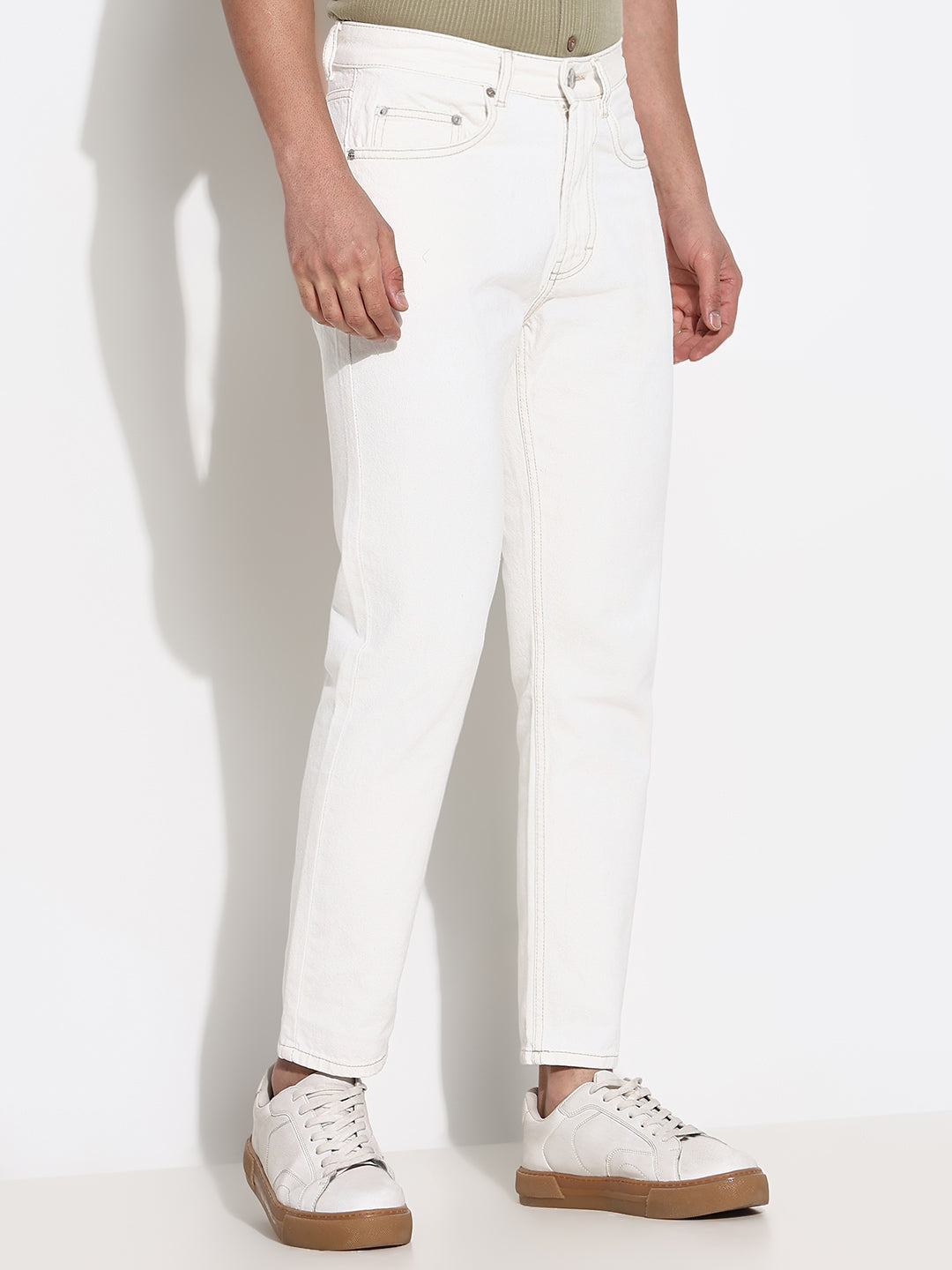 Men White Slim Fit Cropped Jeans