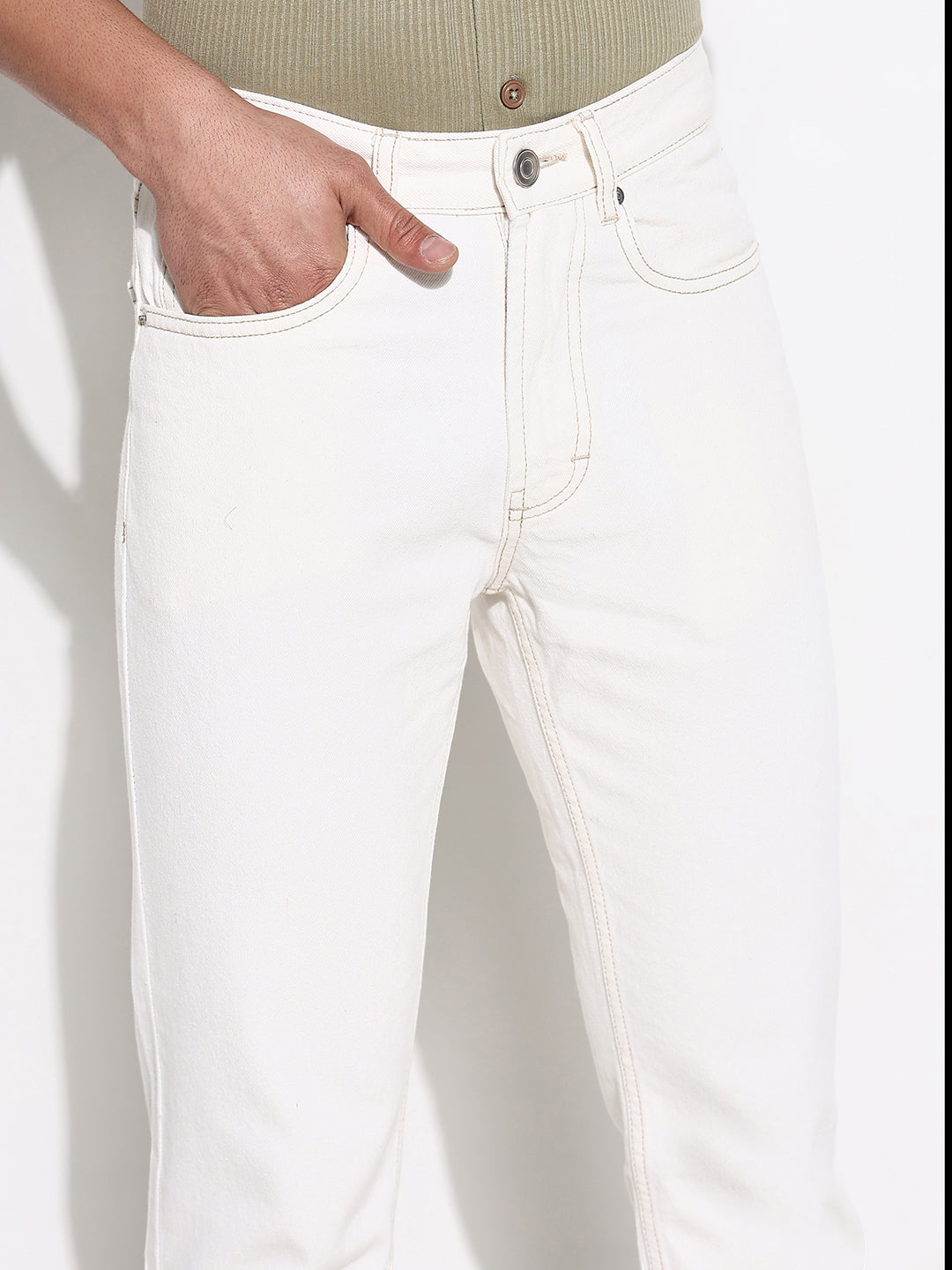 Men White Slim Fit Cropped Jeans