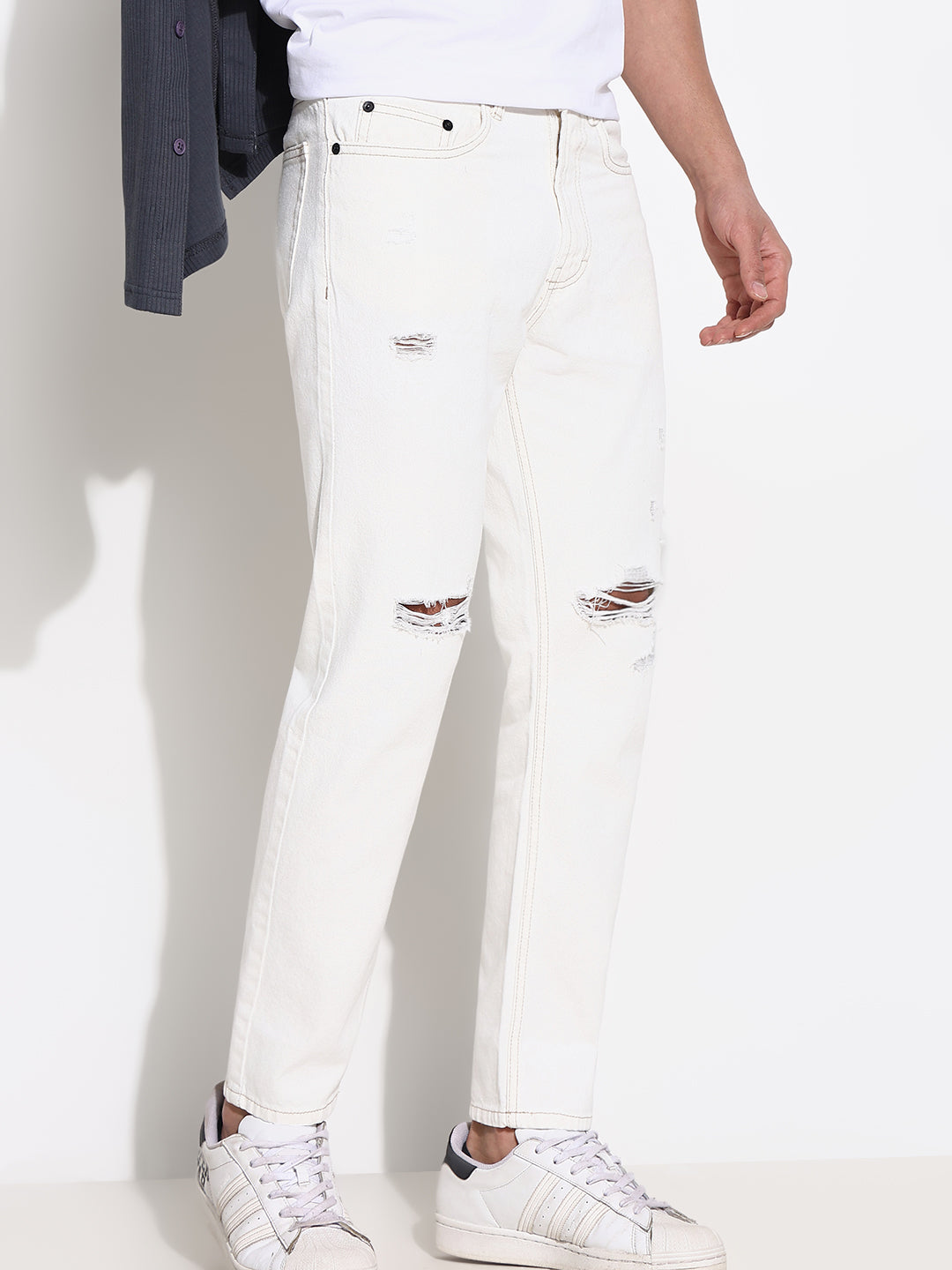 Men White Slim Fit Cropped Jeans