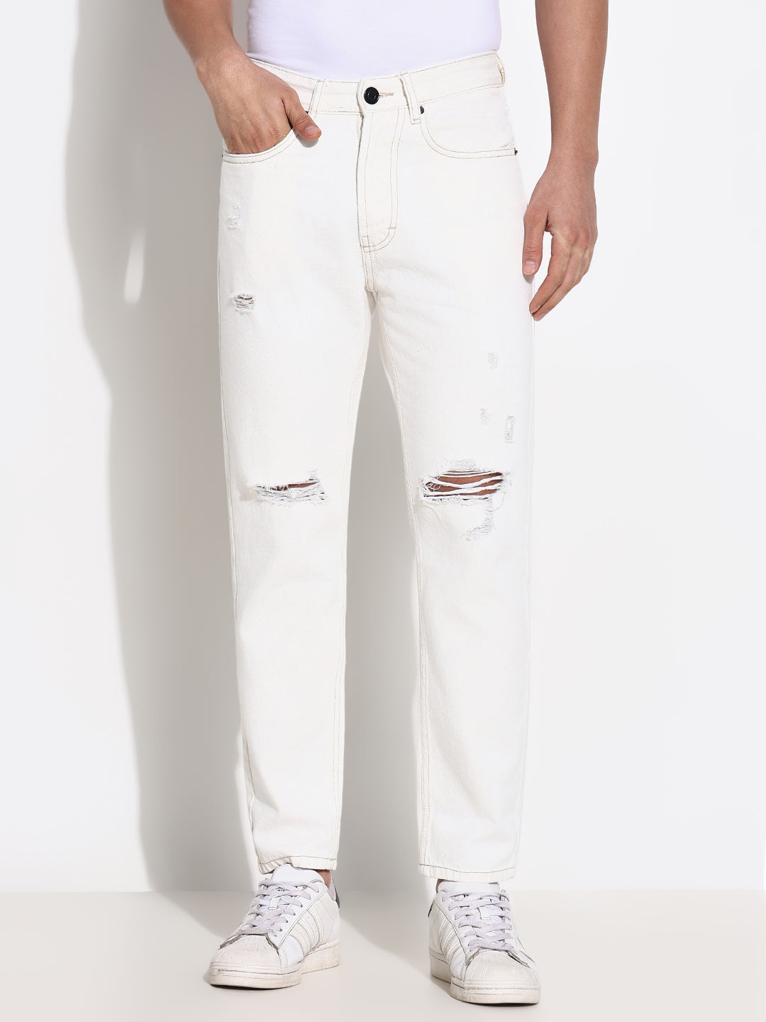 Men White Slim Fit Cropped Jeans