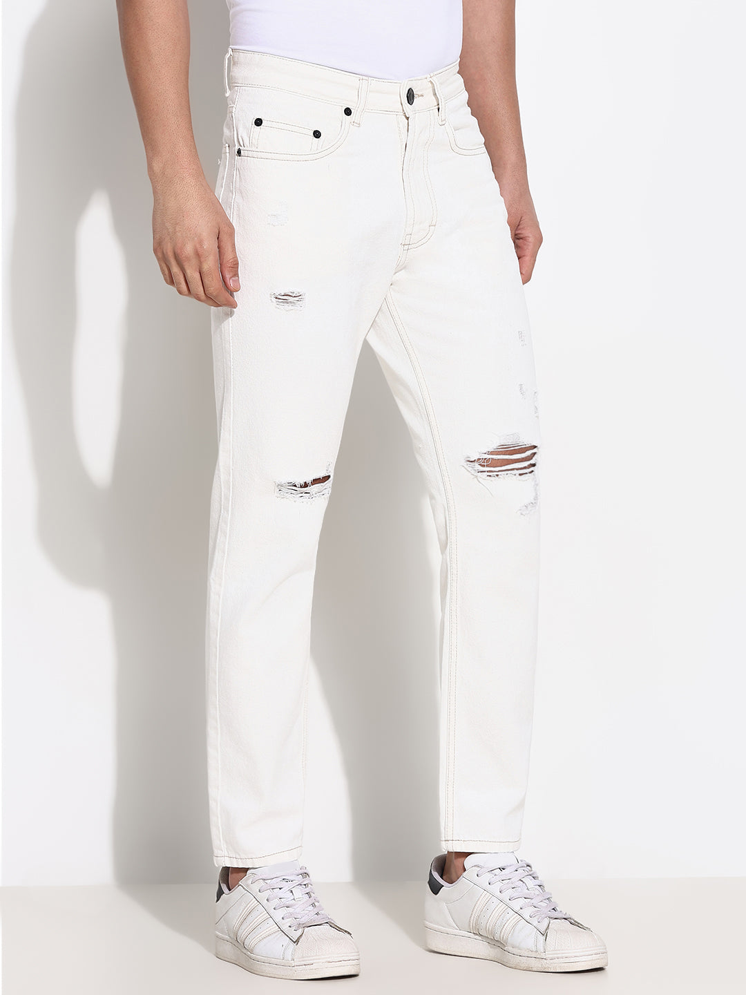 Men White Slim Fit Cropped Jeans