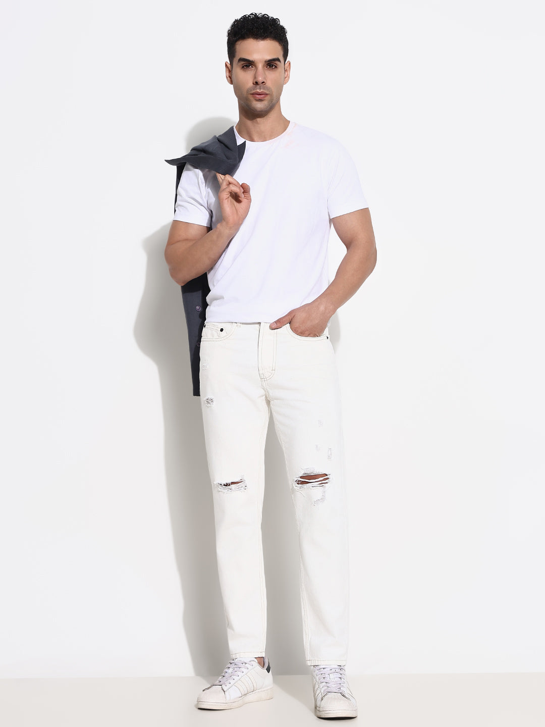 Men White Slim Fit Cropped Jeans