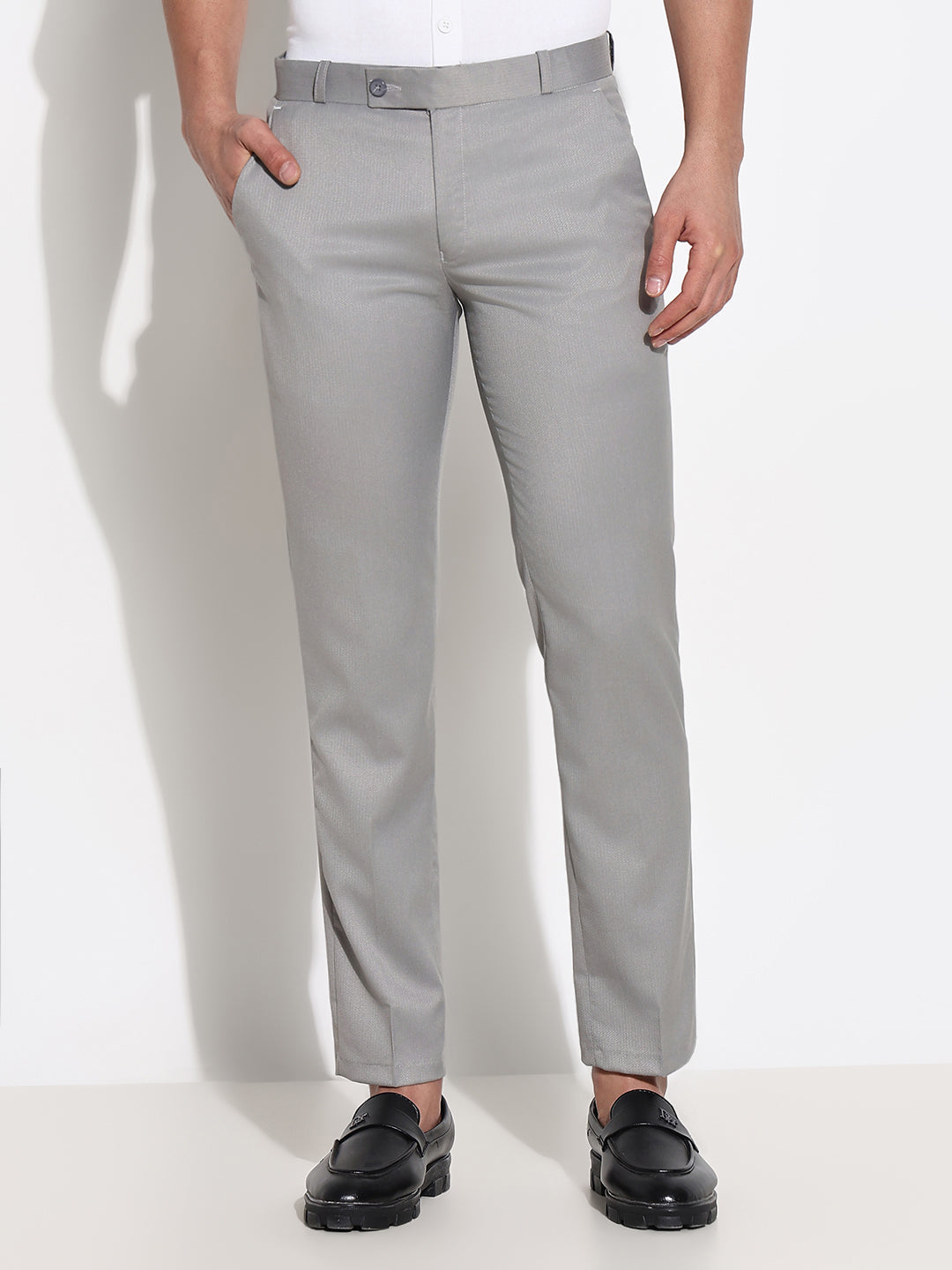 Men Grey Solid Formal Trousers