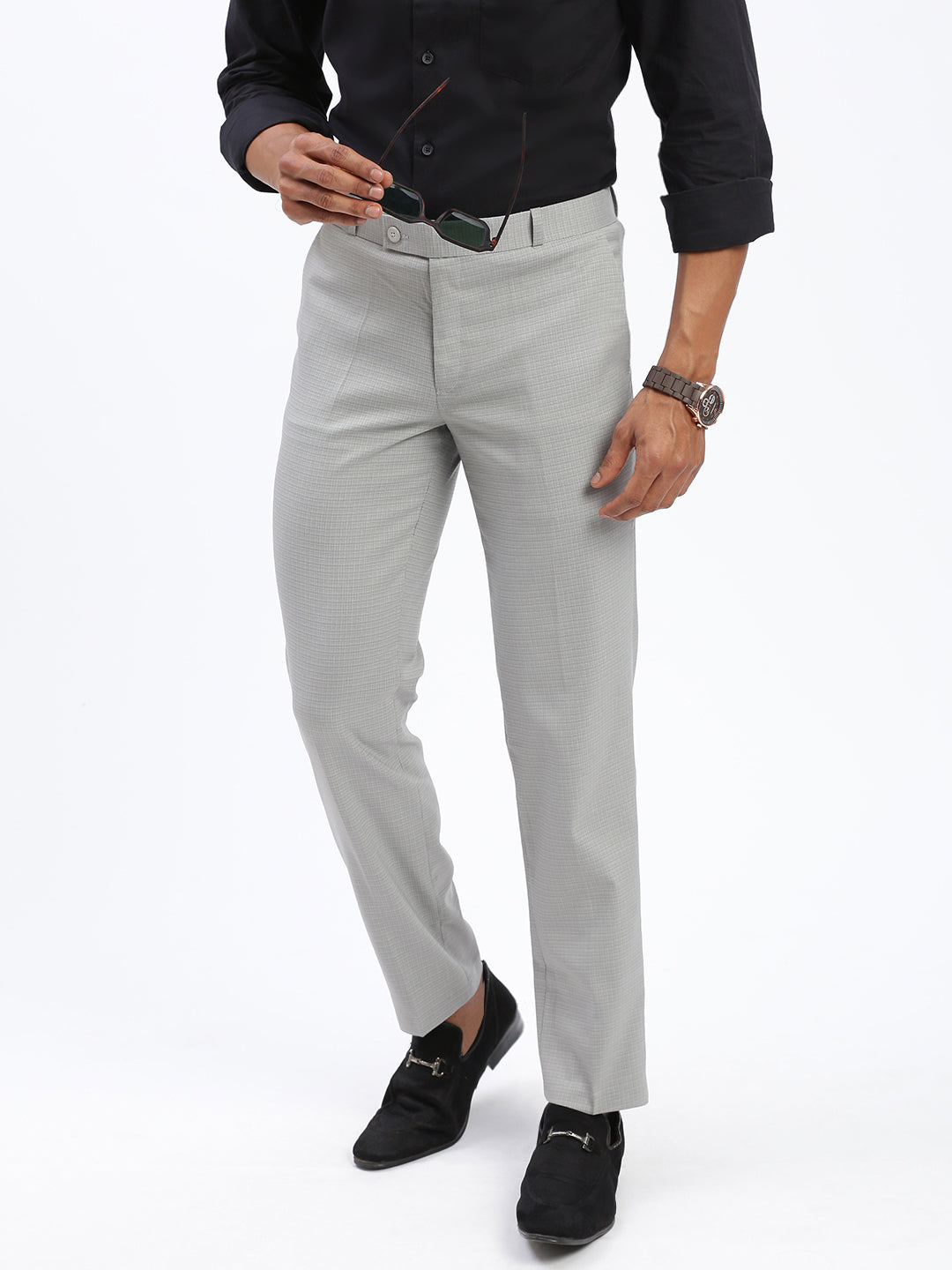 Men Solid Grey Formal Trousers