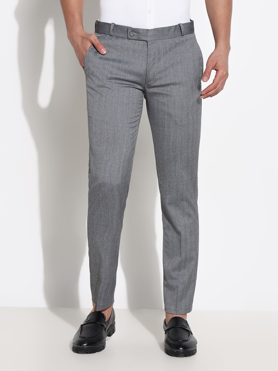 Men Grey Solid Formal Trousers