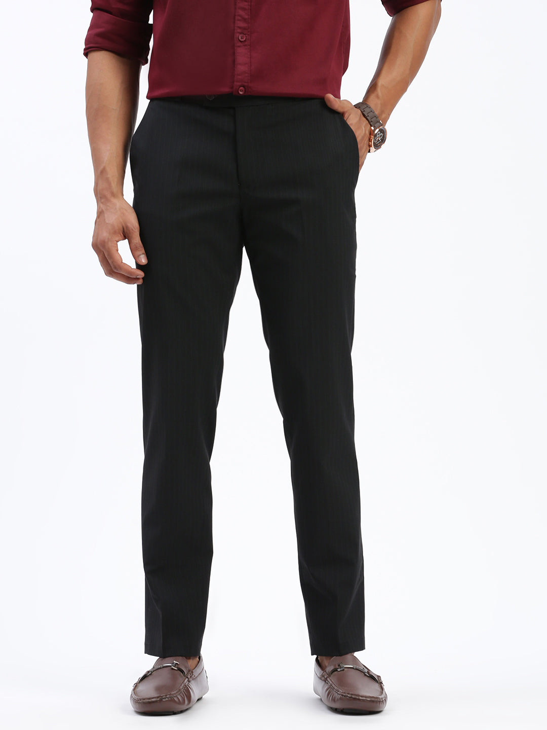 Men Striped Black Formal Trousers