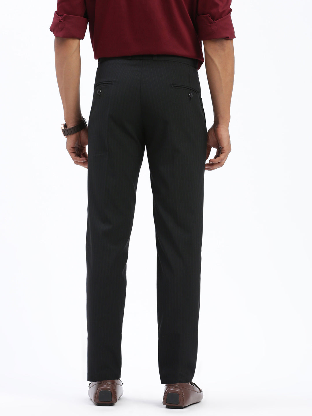 Men Striped Black Formal Trousers