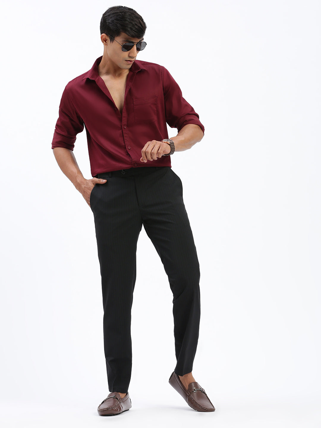 Men Striped Black Formal Trousers