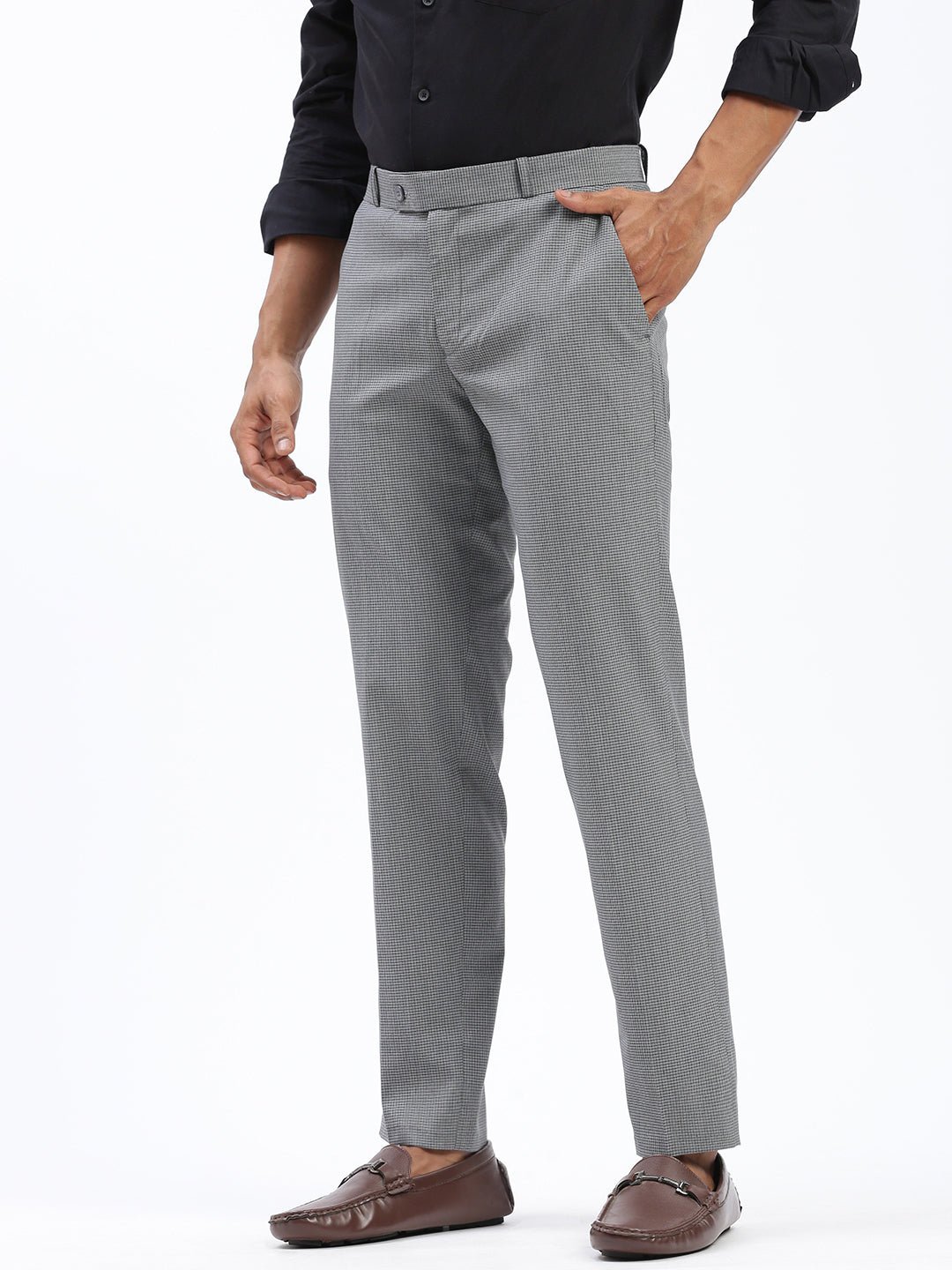 Men Checked Grey Formal Trousers