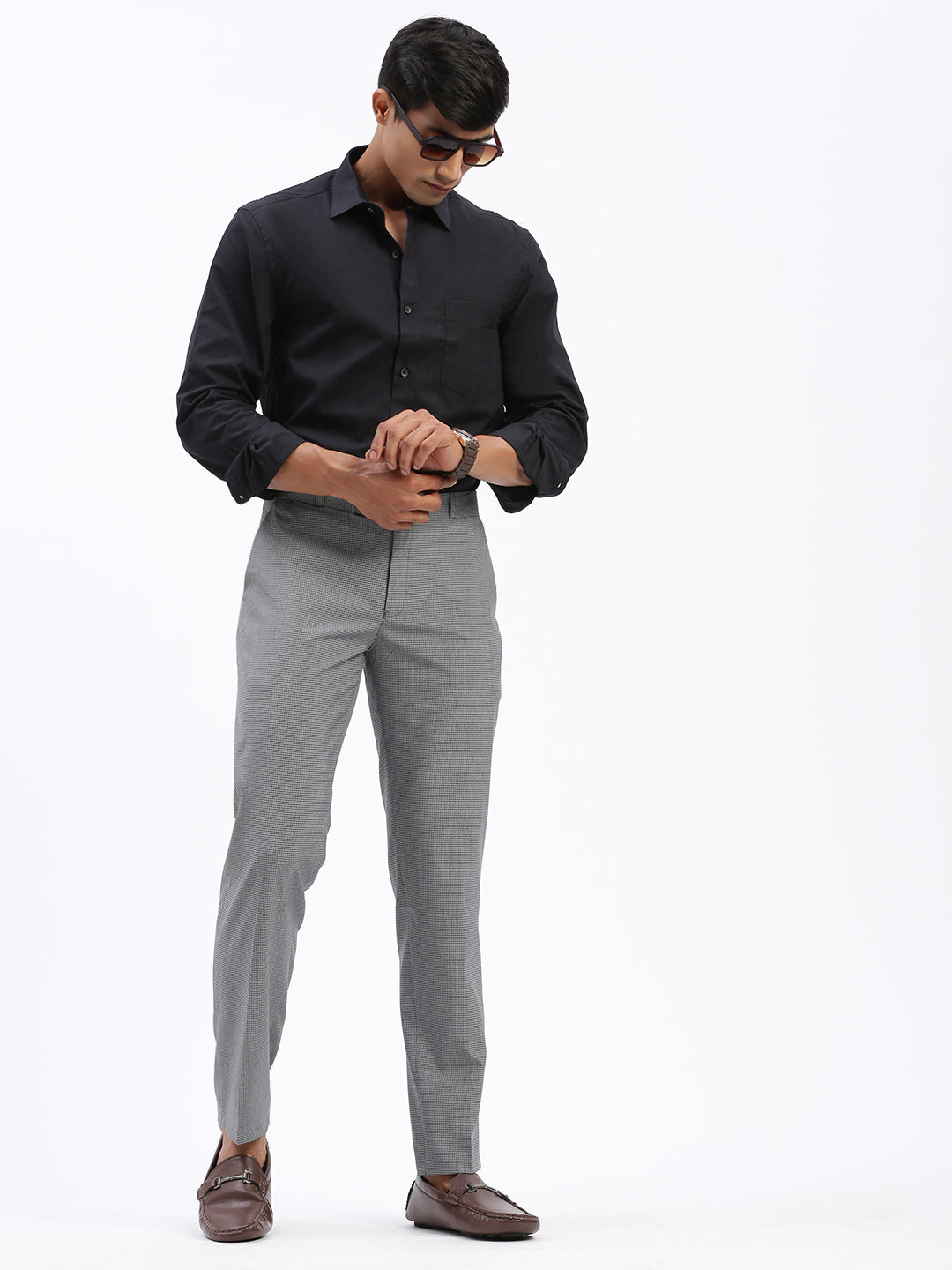 Men Checked Grey Formal Trousers